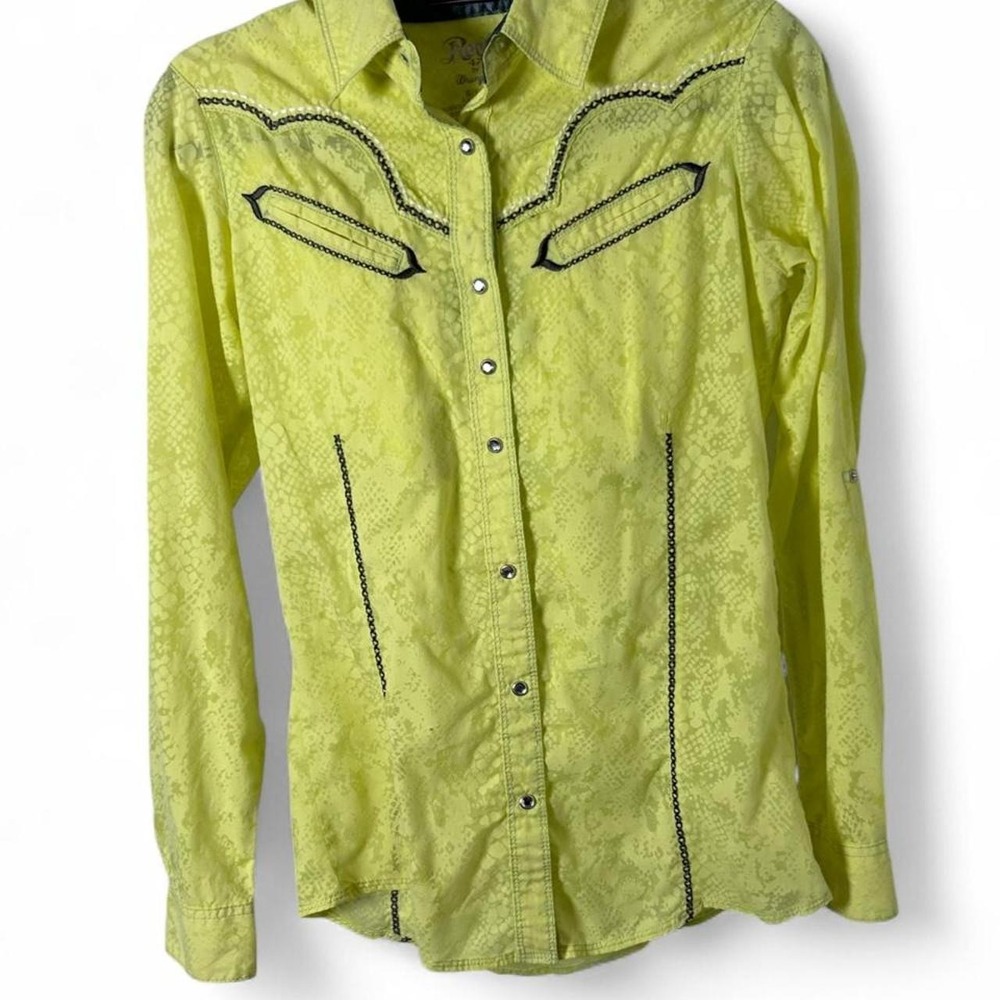 Wrangler Rock 47 Long Sleeve Yellow Rhinestone Snap Shirt Small Snake Skin Sexy